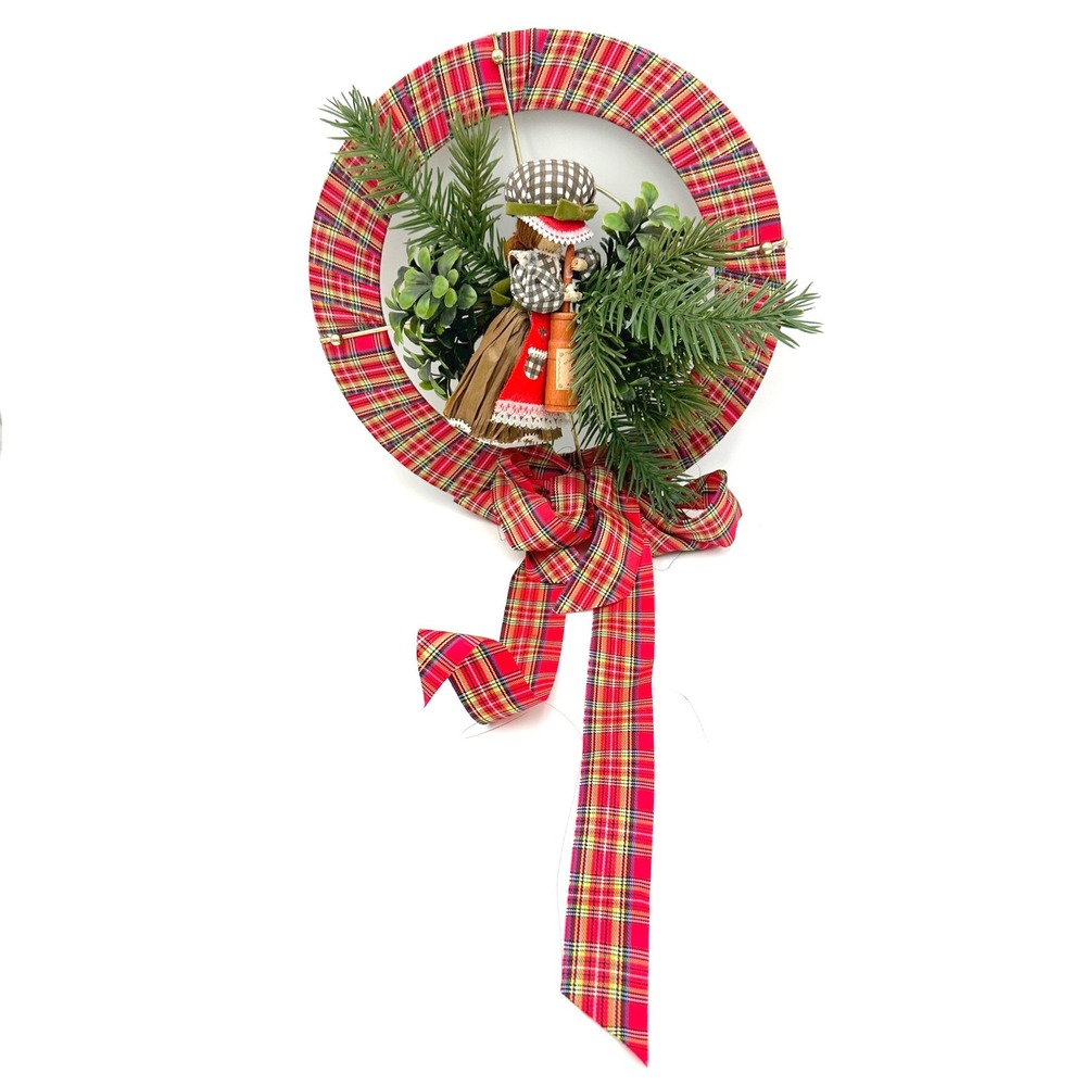 Vintage Handmade Christmas Wreath Red Tartan Plaid Kurt Adler Corn Husk Doll 11"